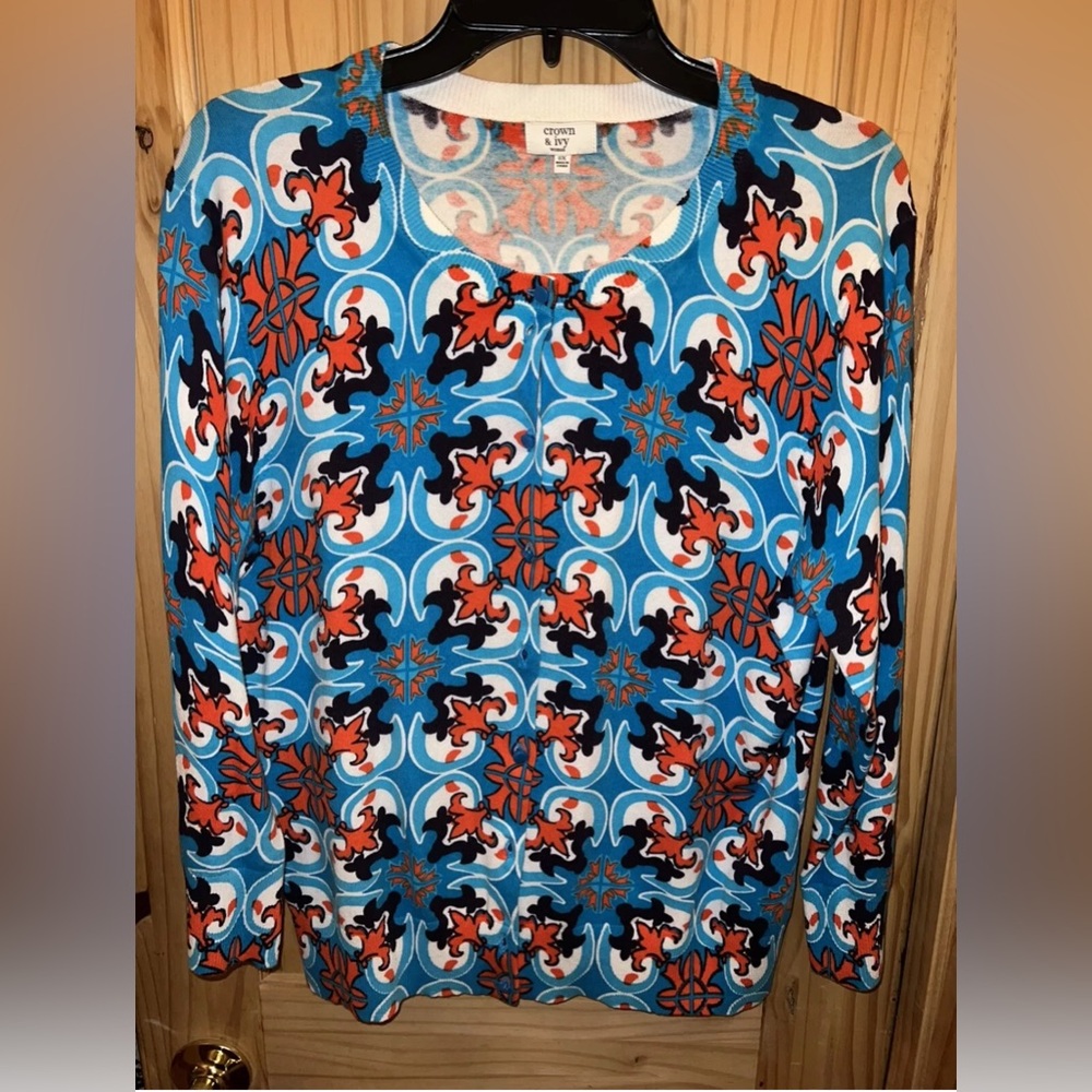 CROWN & IVY Cardigan Sweater Womens NWOT Summer Weight Lobster Print Size OX
